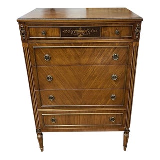 Early 20th Century Antique Sligh Mahogany 5 Drawers Chest of Drawers with Hand Painted Accent For Sale