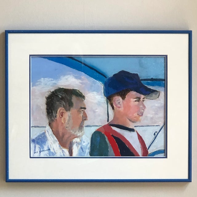 A beautifully rendered late-20th century pastel portrait of father and son on an ocean boat excursion. Love the serenity...