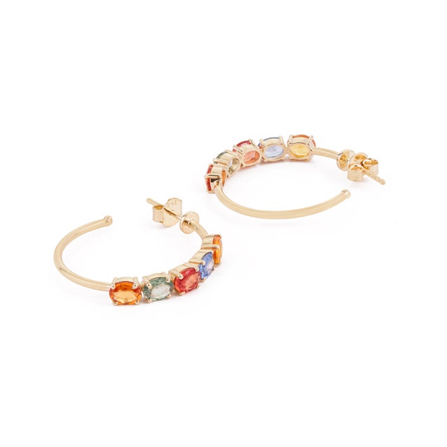Natural Oval Cut 4.07ct Rainbow Sapphire Half Hoop Earrings in 14k Yellow Gold- A Pair For Sale - Image 9 of 16