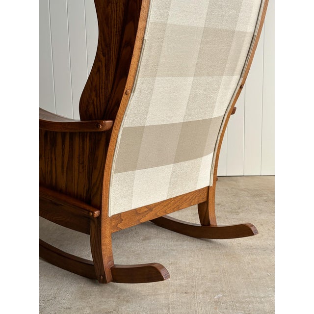 Studio Craft Oak Wingback Rocking Chair With Carved Rail, C. 1970s For Sale - Image 9 of 18
