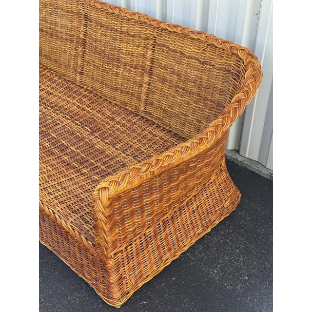 Brown Coastal Vintage Rattan Sofa With Braided Wicker Trim For Sale - Image 8 of 18