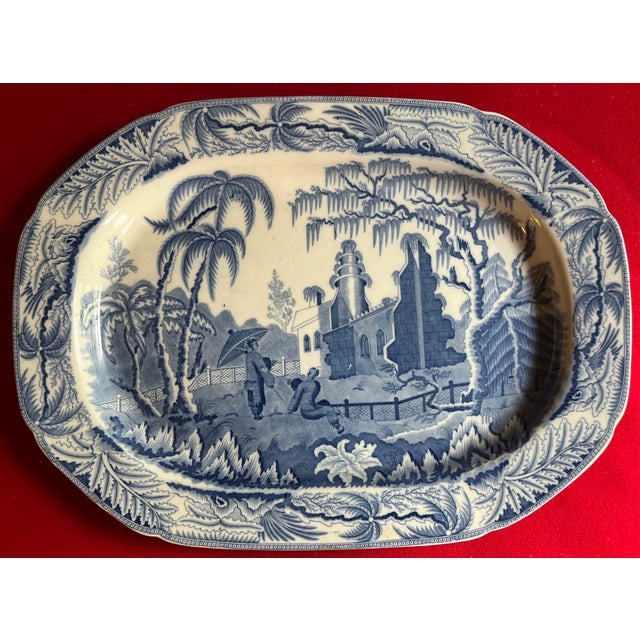 Large Antique 19th Century Davenport Blue & White Porcelain Platter With Chinoiserie Decoration For Sale In New York - Image 6 of 11