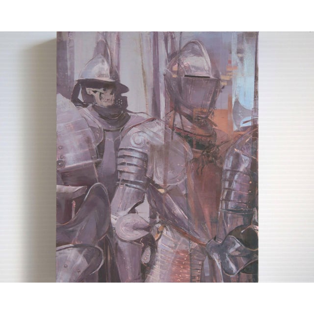 Contemporary Parley (Diptych) by Elena Burykina | Oil on panel Depiction of armored figures in conversation. For Sale - Image 3 of 5