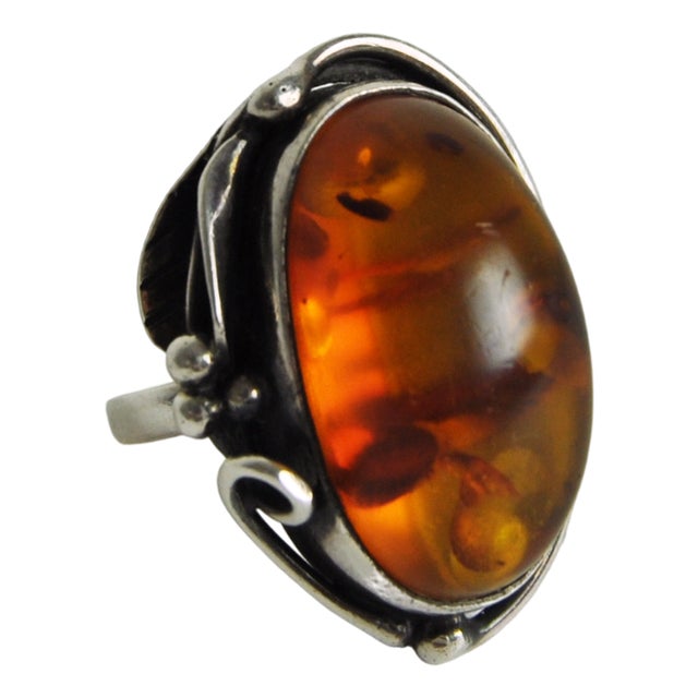 Art Nouveau Amber Sterling Silver Statement Ring, 1940s For Sale