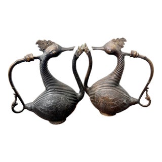 Two Antique Aquamanile Mughal Bronze Ritual Hamsa Goose / Swans W Golden Eyes For Sale