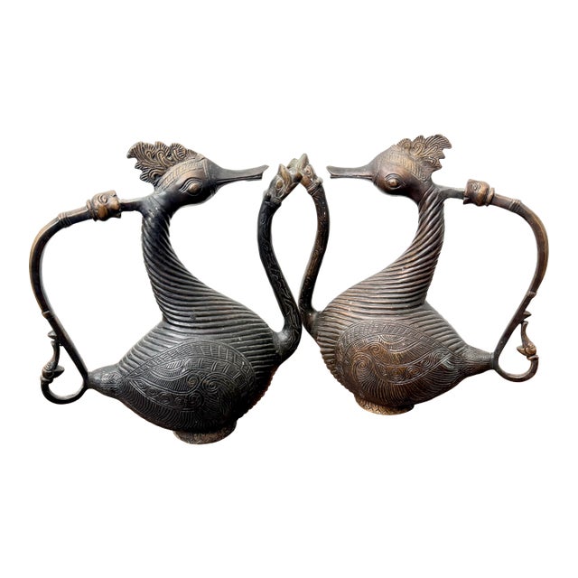 Two Antique Aquamanile Mughal Bronze Ritual Hamsa Goose / Swans W Golden Eyes For Sale