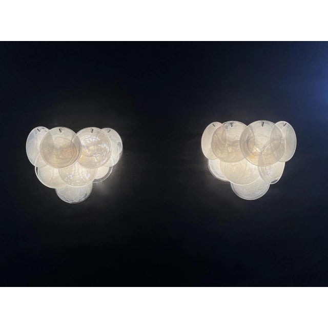Glass Pair of Glass Wall Sconces 10 Alabaster White Disks For Sale - Image 7 of 11
