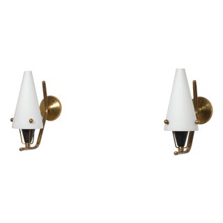 Italian Brass Sconces with Conical Opaline Glass Shades, 1950s, Set of 2 For Sale