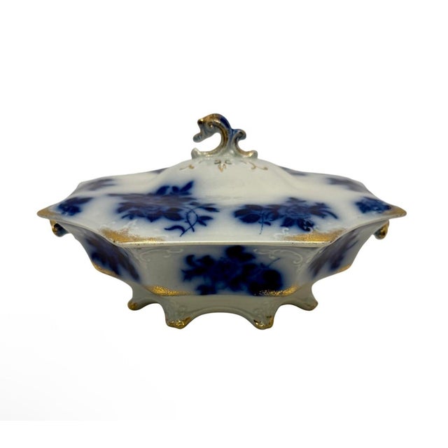 Antique Flow Blue Hutschenreuther Porcelain Tureen Gold Gilt German Circa 1900. For Sale In Atlanta - Image 6 of 11