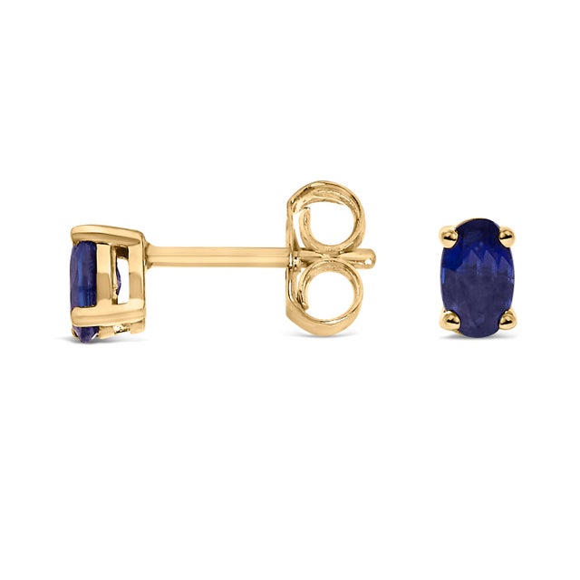 Contemporary 14K Yellow Gold 5x3 MM Oval Blue Sapphire Solitaire Stud Earrings For Sale - Image 3 of 5