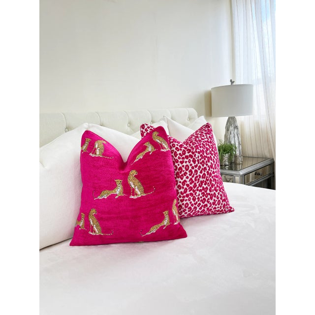 Contemporary Magenta Pink Leopard Print Velvet Pillow With Plush Feather Down Insert For Sale - Image 3 of 7