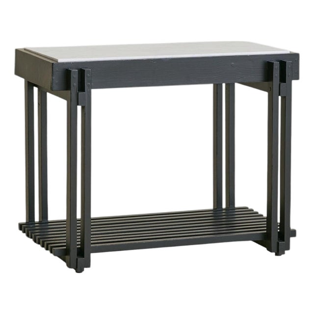 French Black Wood Side Table with White Marble, 1970s - 2 Available For Sale