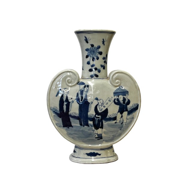 Chinese Blue White Porcelain Ru Yi Flat Body People Theme Vase For Sale In San Francisco - Image 6 of 6