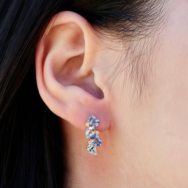 Nina Zhou Nosa Sapphire, Aquamarine and Diamond Pearl Drop Earrings in 18k Yellow Gold- 2 pieces For Sale - Image 9 of 10