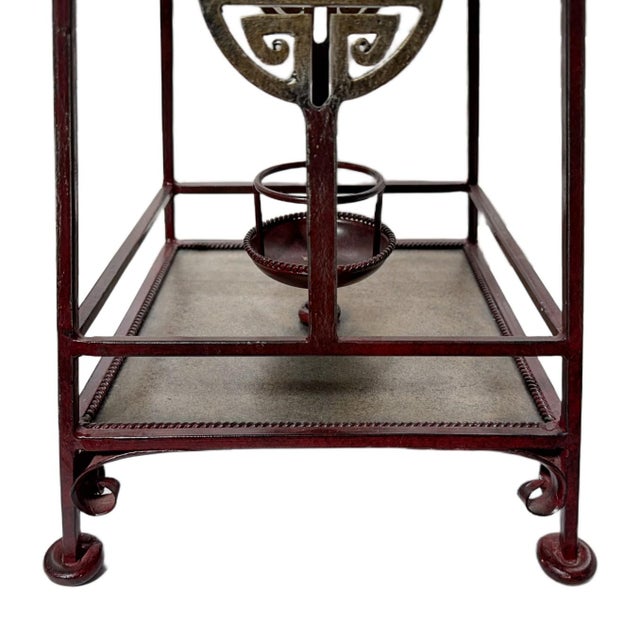 Large Vintage Chinoiserie Iron Pagoda Lantern Candle Stand - Dark Red Maroon Finish For Sale - Image 4 of 5
