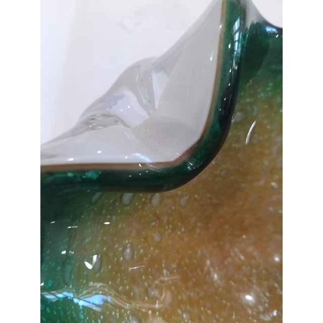 Vintage Murano Attributed Glass Ashtray - Mid-Century Modern Green, Gold and White Sommerso Bullicante Bowl For Sale In Tulsa - Image 6 of 12