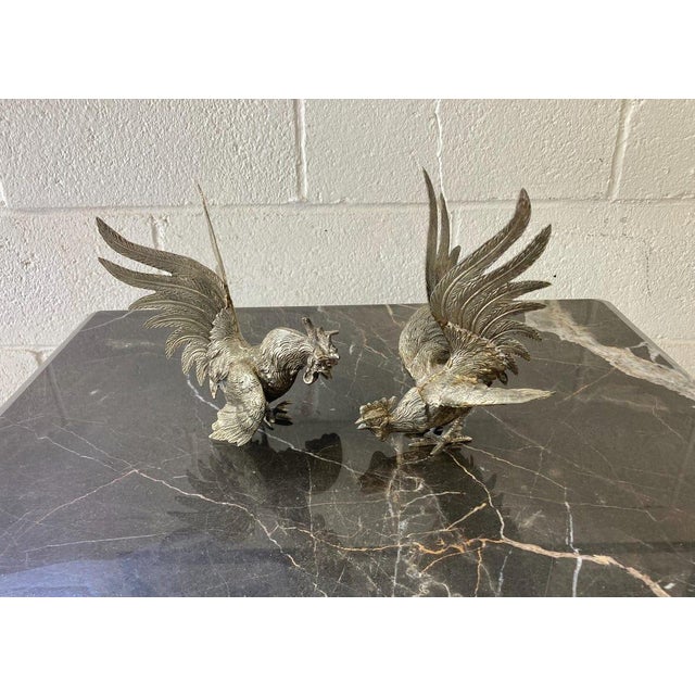 1960s Set of 2 Vintage Silver Fighting Roosters For Sale - Image 5 of 6