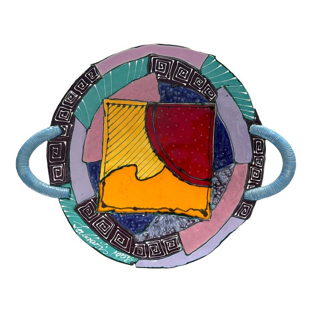 1990s “Cubist” Handmade Ceramic Decorative Plate, Signed Saldaitis For Sale