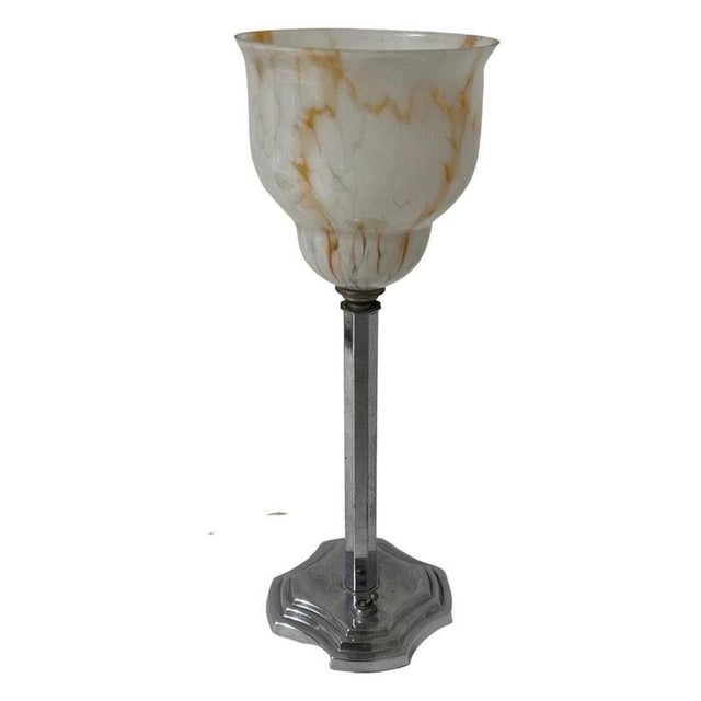 Art Deco Chalice Shaped Multi Colored Glass Table Lamp with Silver Plated Base & Power Switch For Sale - Image 10 of 11
