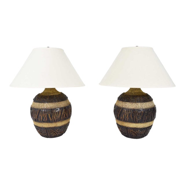 1970s Mid Century Modern Brutalist Style Bulbous Ceramic Table Lamps in Bronze - a Pair For Sale