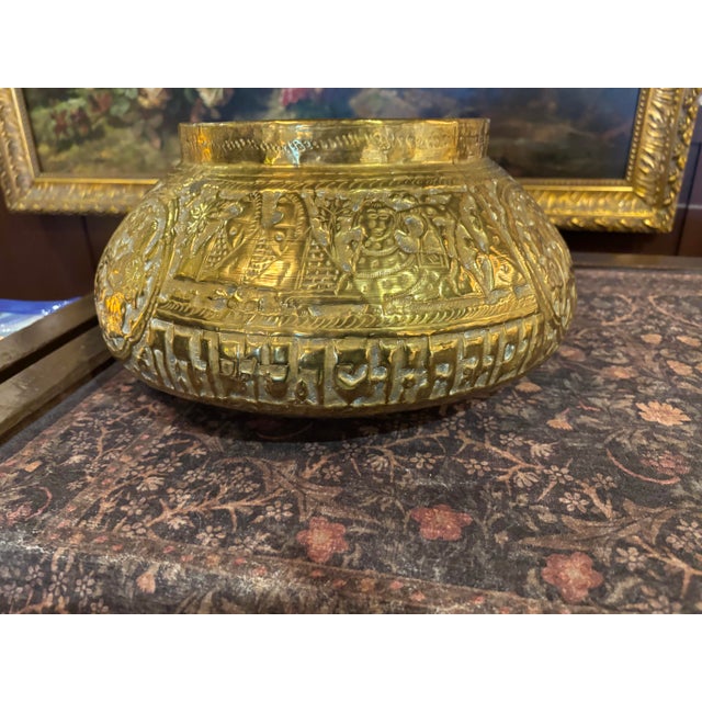 Metal Antique 19th Century Islamic Revival Brass Vessel | Egyptian Mamluk Style Repoussé Bowl | Sphinx Court Scenes 16” [Cm] For Sale - Image 7 of 12