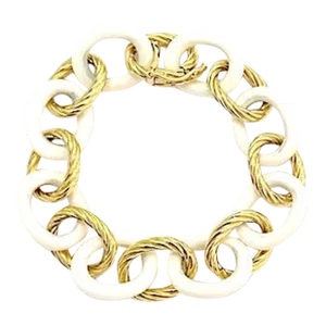 Christina Addison Elegant Alternating Yellow Gold Twist and White Jade Link Bracelet