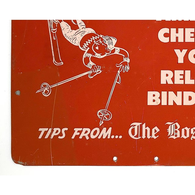 Circa 1950s Tips From the Boston Globe Metal Skiing Sign For Sale - Image 4 of 6