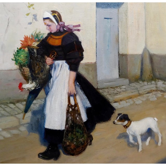 Jacques Wely -Woman & Her Jack Russel Dog Coming From the Market-Oil Painting For Sale - Image 4 of 13