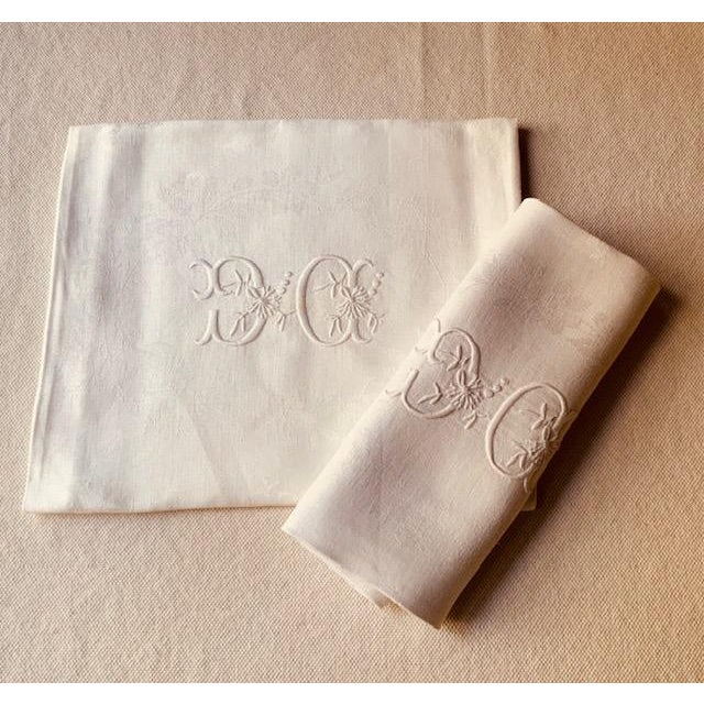 Antique French Damask Linen Napkins, Monogrammed Dc, Birds & Floral Wreath, Pair | C. 1900 For Sale - Image 16 of 18
