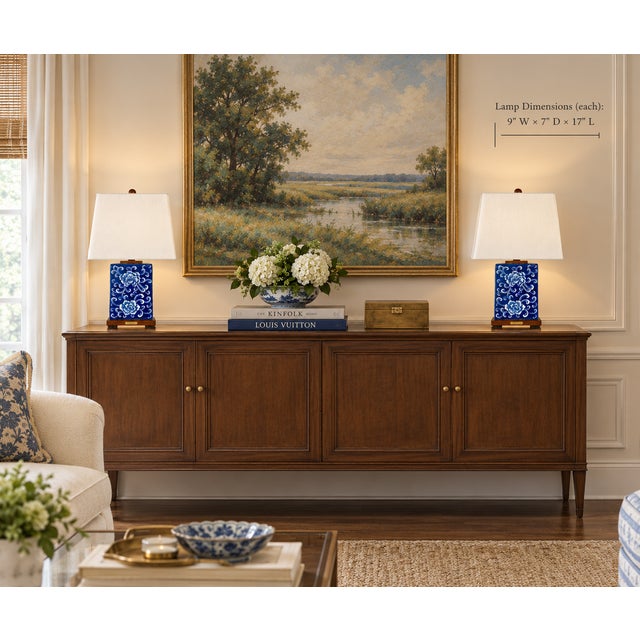 Ralph Lauren Blue & White Chinoiserie Porcelain Table Lamps, Pair – Peony Motif, Wood Bases & Classic Designer Elegance For Sale - Image 12 of 13