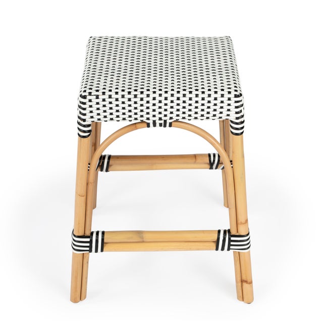 Coastal Robias 24.5 in. Seat Height Rectangular Rattan Backless Counter Stool with Footrest, White/Black Dot/ Natural Rattan Frame For Sale - Image 3 of 8