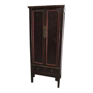 1900s Asian Style Dark Natural Elmwood Armoire With Red Accents For Sale