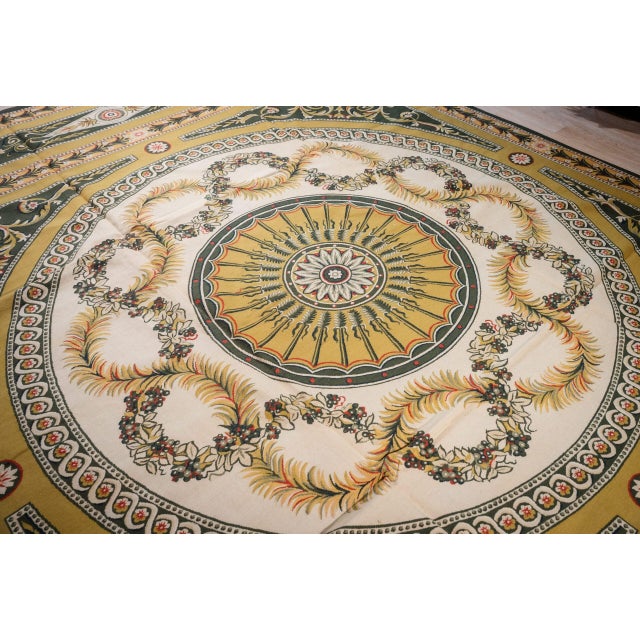 Textile 9x12 Vintage Aubusson Flat Weave Wool Rug, Green and Gold Empire Medallion For Sale - Image 7 of 15