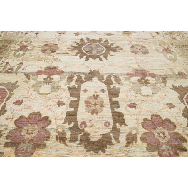 Textile Allover Floral Contemporary Oushak Style Handmade Wool Rug in Beige For Sale - Image 7 of 8