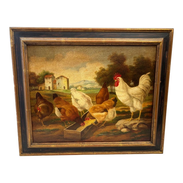 Early 19th Century English Farm Yard Oil on Canvas For Sale