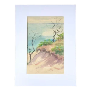 1940s Watercolor Painting Beach Dune With Bare Trees