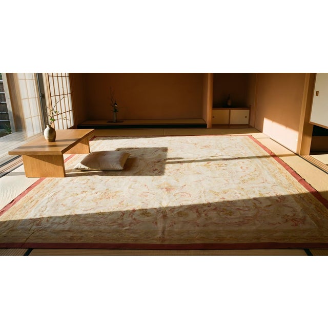 1870s Beige Floral Medallion Antique French Aubusson Rug 13'6" X 14'9" Flatweave Wool Carpet For Sale - Image 10 of 11