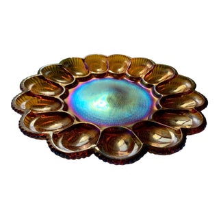 Vintage Indiana Glass Iridescent Gold Carnival Deviled Egg Platter or Relish Plate For Sale