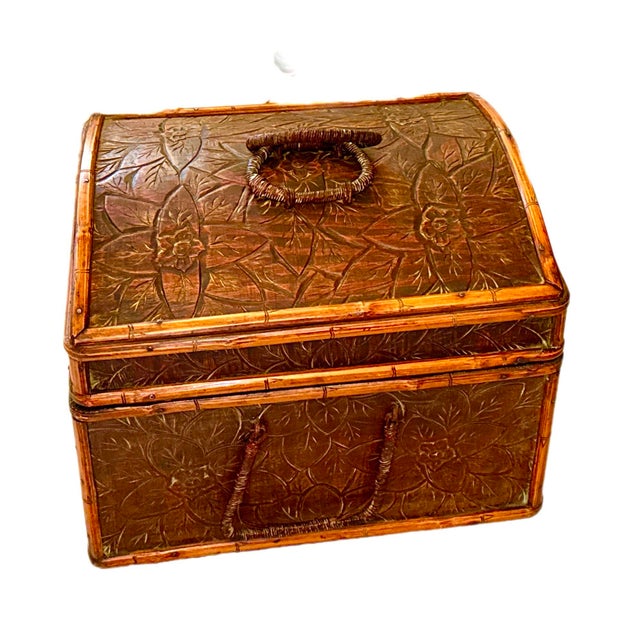Vintage Hand Carved Bamboo Wooden Storage Box With Woven Handles A unique and gorgeous vintage wooden storage box...