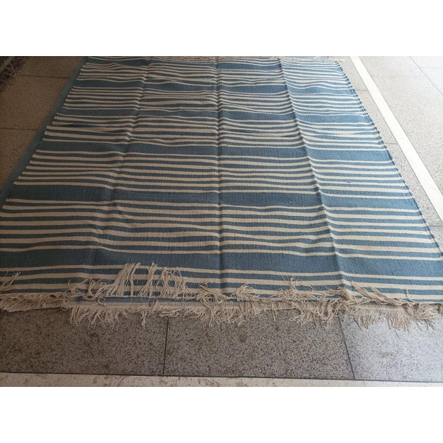 Handmade Thick Woolen Flat Weave Rug, Sky Blue and White Striped Wool Rug - 8'x8' For Sale - Image 9 of 14