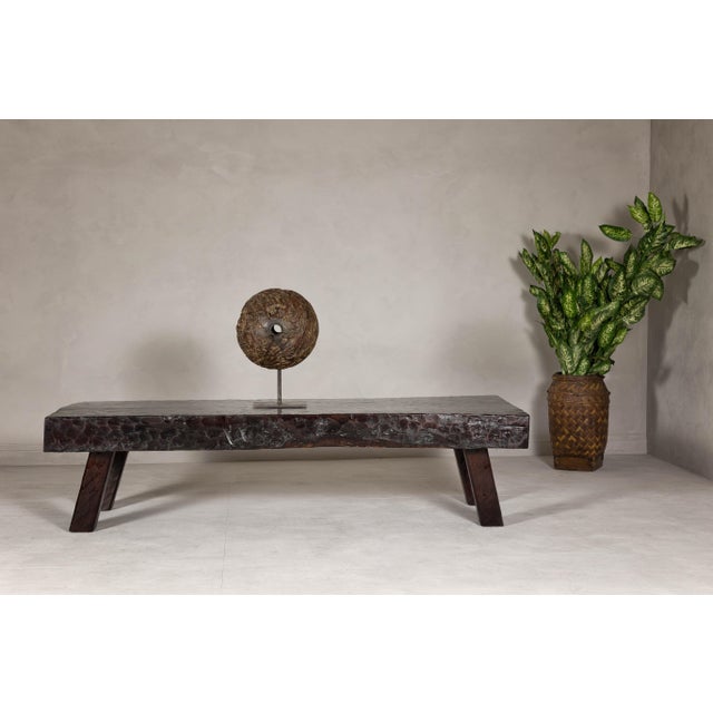 Late 20th Century Rustic and Robust Coffee Table with Honeycomb Patterns and Dark Custom Finish For Sale - Image 5 of 12