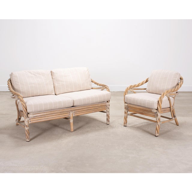 Contemporary Pair of McGuire Organic Modern Cerused Twisted Rattan Settee and Lounge Chair For Sale - Image 3 of 18