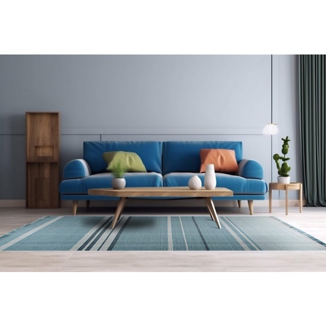 8x10 Opulent Majestic Blue Geometric Modern Flatweave Wool Carpet Rug For Sale - Image 4 of 6