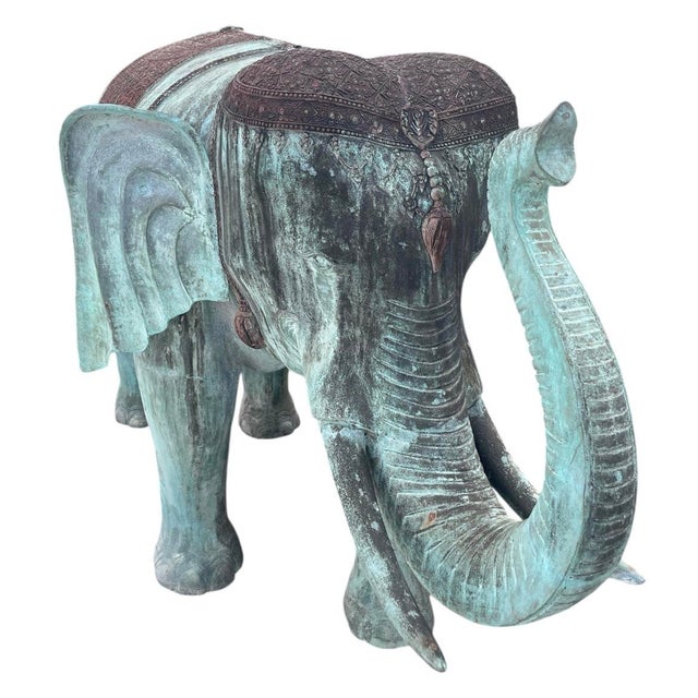 Verdigris A Pair of Vintage Verdigris Bronze Patinated Elephant Garden Statuary For Sale - Image 8 of 12