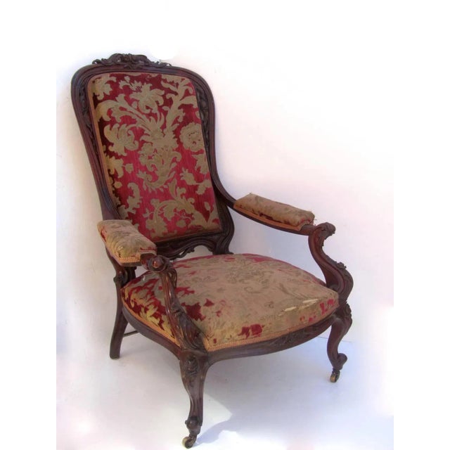 Oxblood Red Grand Carved Mahogany Armchair c 1890 "Santa's Chair" Original Cut Velvet Chair For Sale - Image 8 of 10