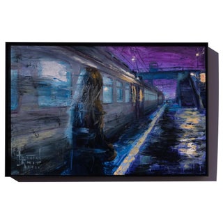 Blinking Lights Pass Us By by Stefan Smit | Oil on Panel Nighttime train station scene with a figure. For Sale