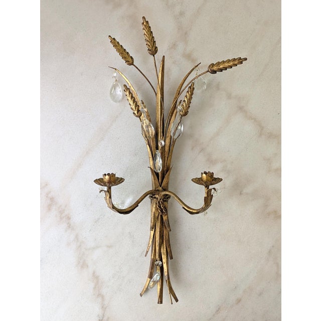 Mid 20th Century Vintage Italian Gilt Tole 2 Arm Wheat Candle Sconce With Glass Prisms For Sale - Image 5 of 7