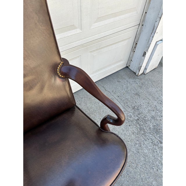 Animal Skin Vintage Hickory Chair Leather Library Armchair | English Georgian Queen Anne Style Accent Chair For Sale - Image 7 of 12
