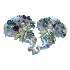 19thc Antique Dresden Sitzendorf Art Nouveau Era Signed Porcelain Cherub W/ Intricate Floral Work - High End Wall Brackets/ Display Shelves a - Pair