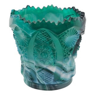 Mid-Century Imperial Jade Slag Glass Toothpick Holder With Daisy and Button Pattern For Sale